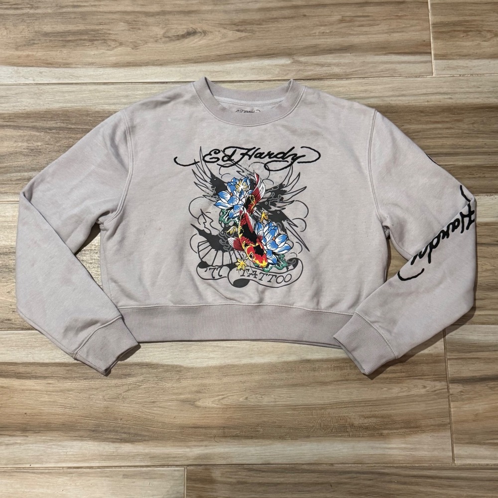 Ed Hardy Koi Fish Tattoo Cropped Sweatshirt Grey Graphic Pullover EHWR1415-4 L